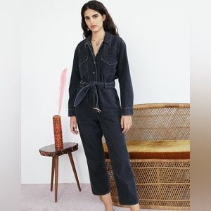 Nanushka Black Denim Belted 'Neza' Jumpsuit